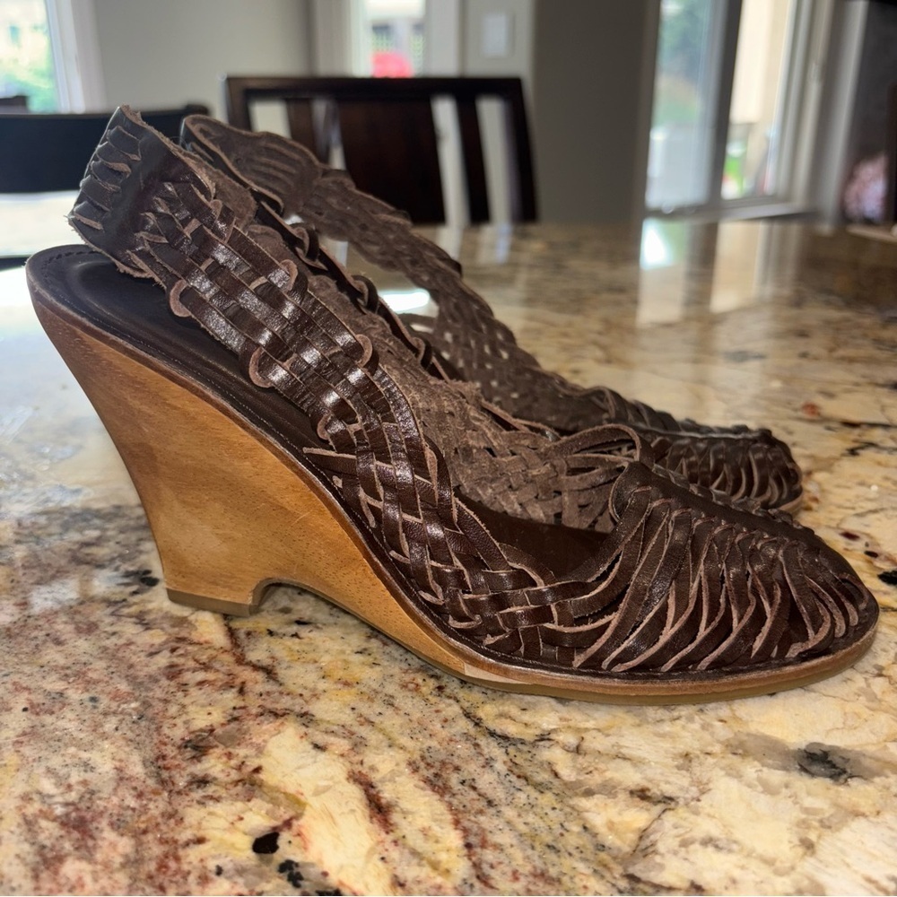 Michael Kors Brown Woven Leather Wedge Sandals